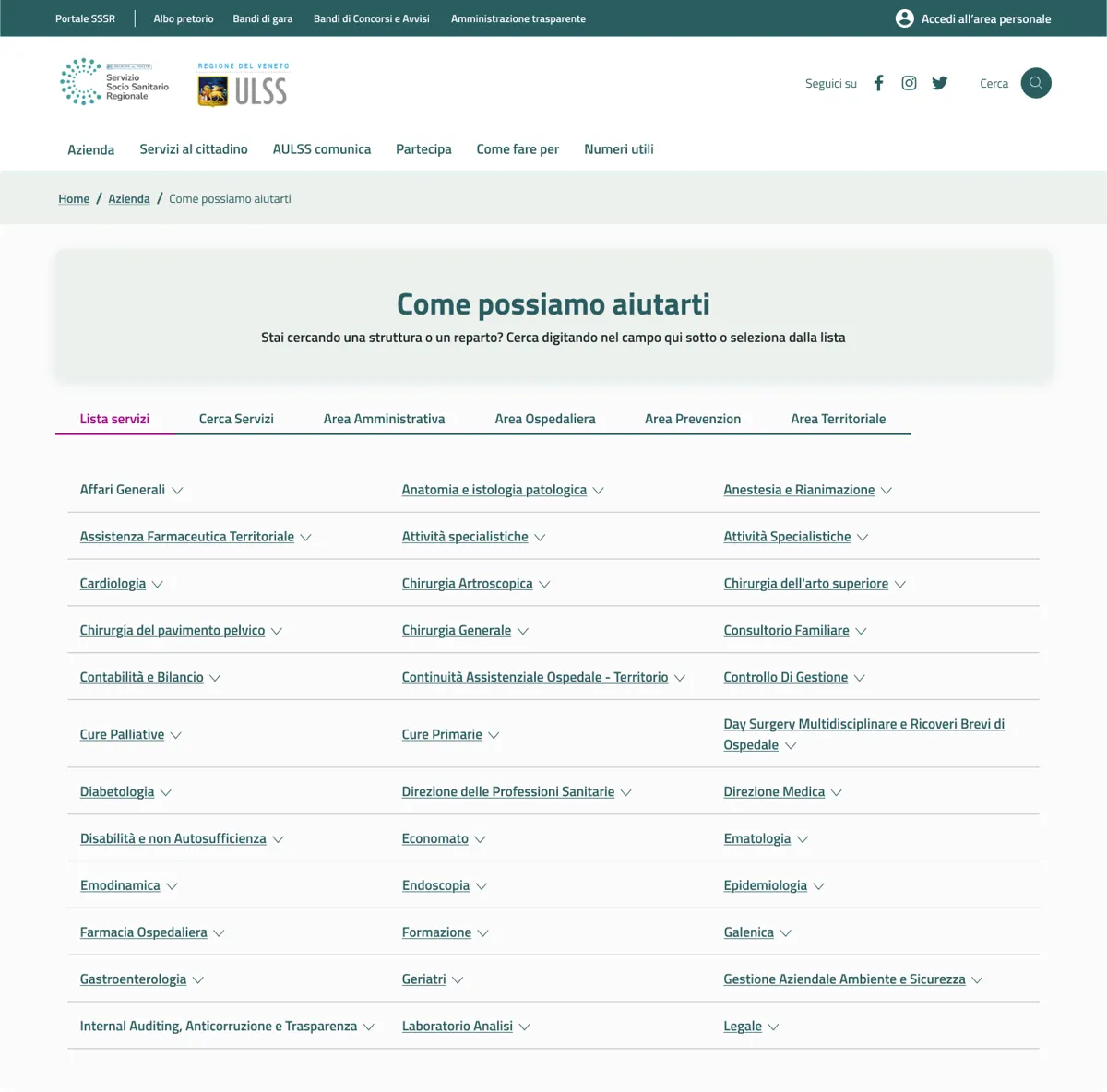 Schermata reale: pagina "Come possiamo aiutarti" con l'elenco dei servizi
