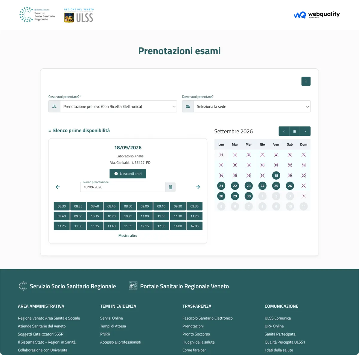 Schermata reale: MyPrenota, prenotazione esami con calendario delle disponibilità